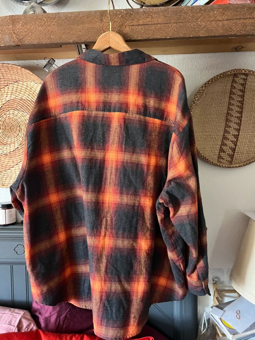 Old Navy Taylor Swift Evermore Flannel Plaid Boyfriend Shirt Orange Black XXL - Picture 3 of 6